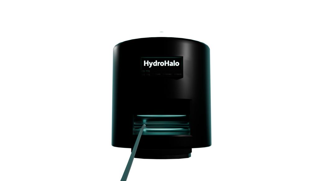 HydroHalo MK.1 unit — black cylindrical housing with a cyan-lit cable port
